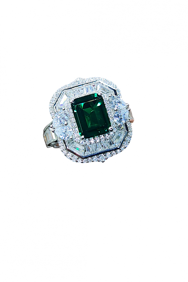 Mozanite ve zümrüt taşlı gümüş yüzük