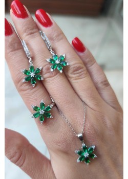 Peridot taşlı çiçek motif gümüş set